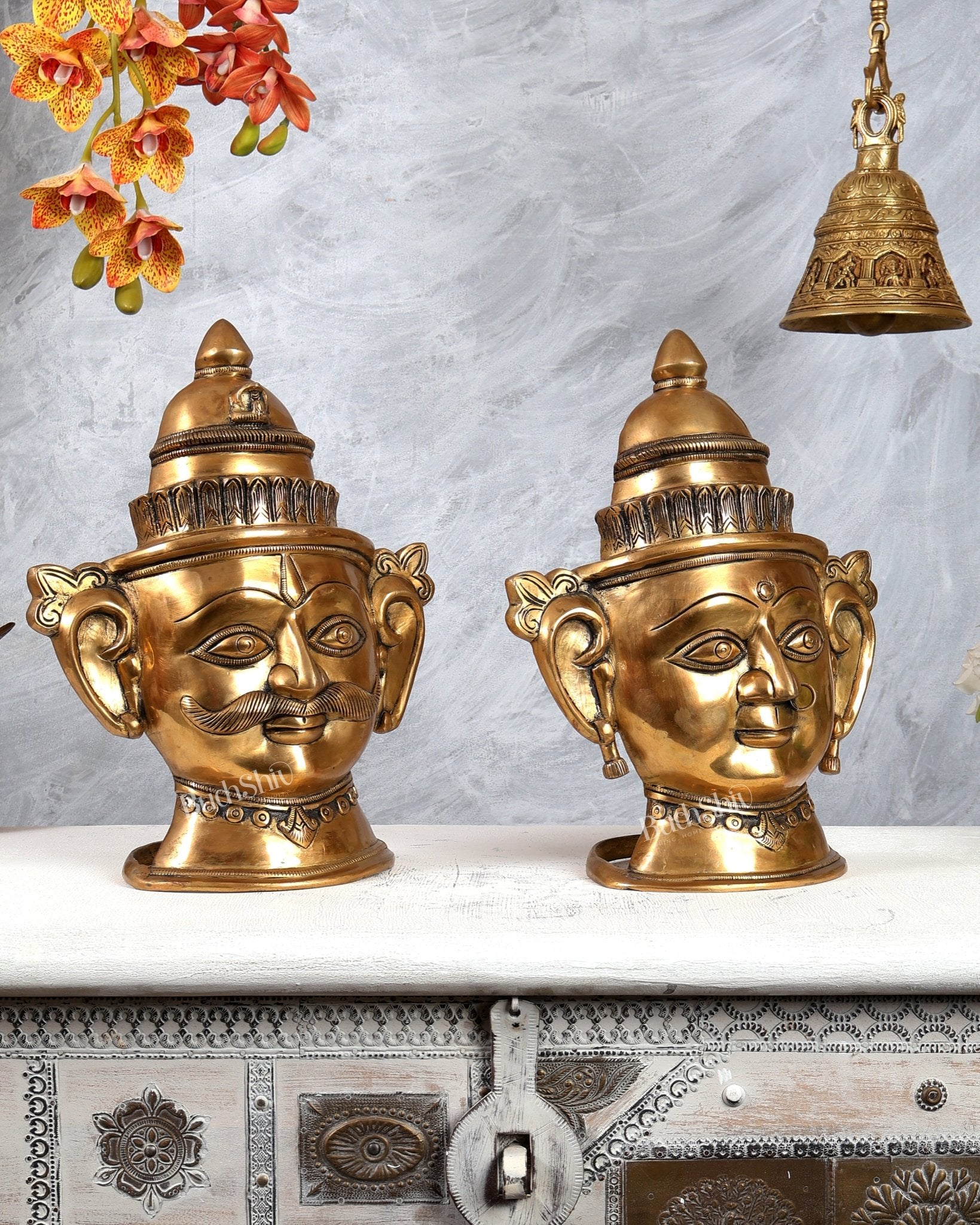 Pure Brass Shiv–Gauri Mukhlingam Pair (Large) – Sacred Temple Style Artefact 13.5 inch - Budhshiv.com