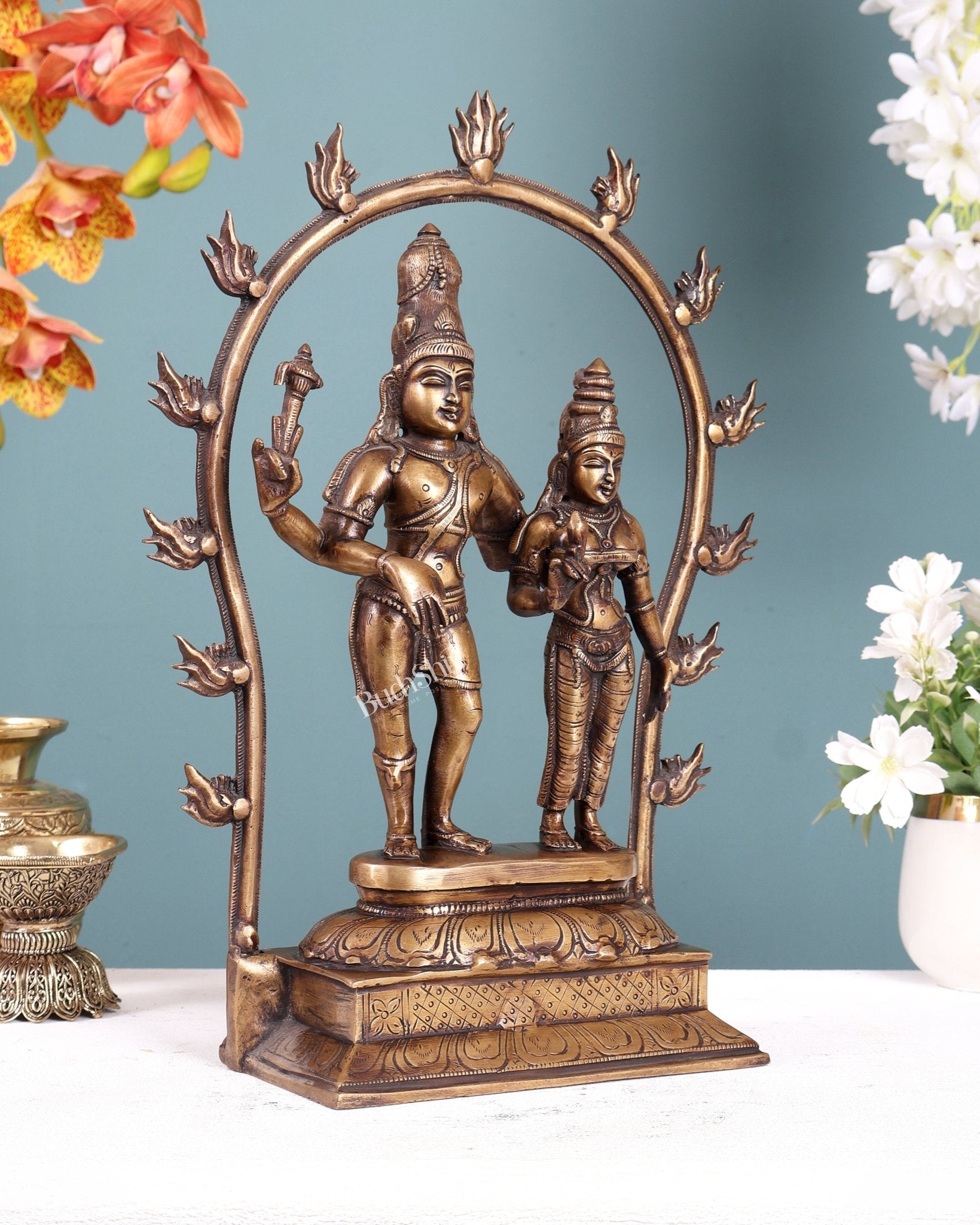 Pure Brass Shiv Parvati Idol standing Antique Chola Style - 14" Height - Budhshiv.com