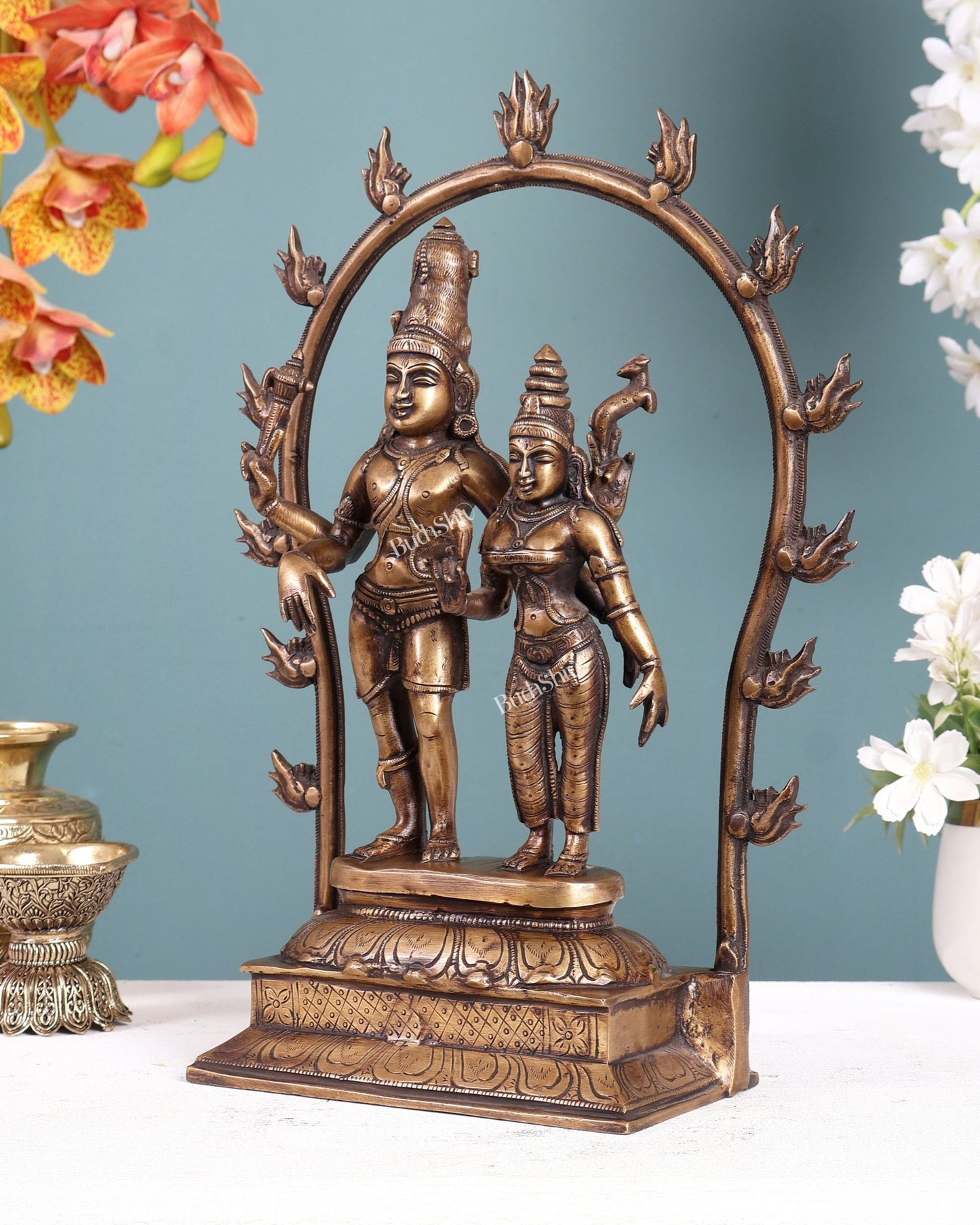Pure Brass Shiv Parvati Idol standing Antique Chola Style - 14" Height - Budhshiv.com