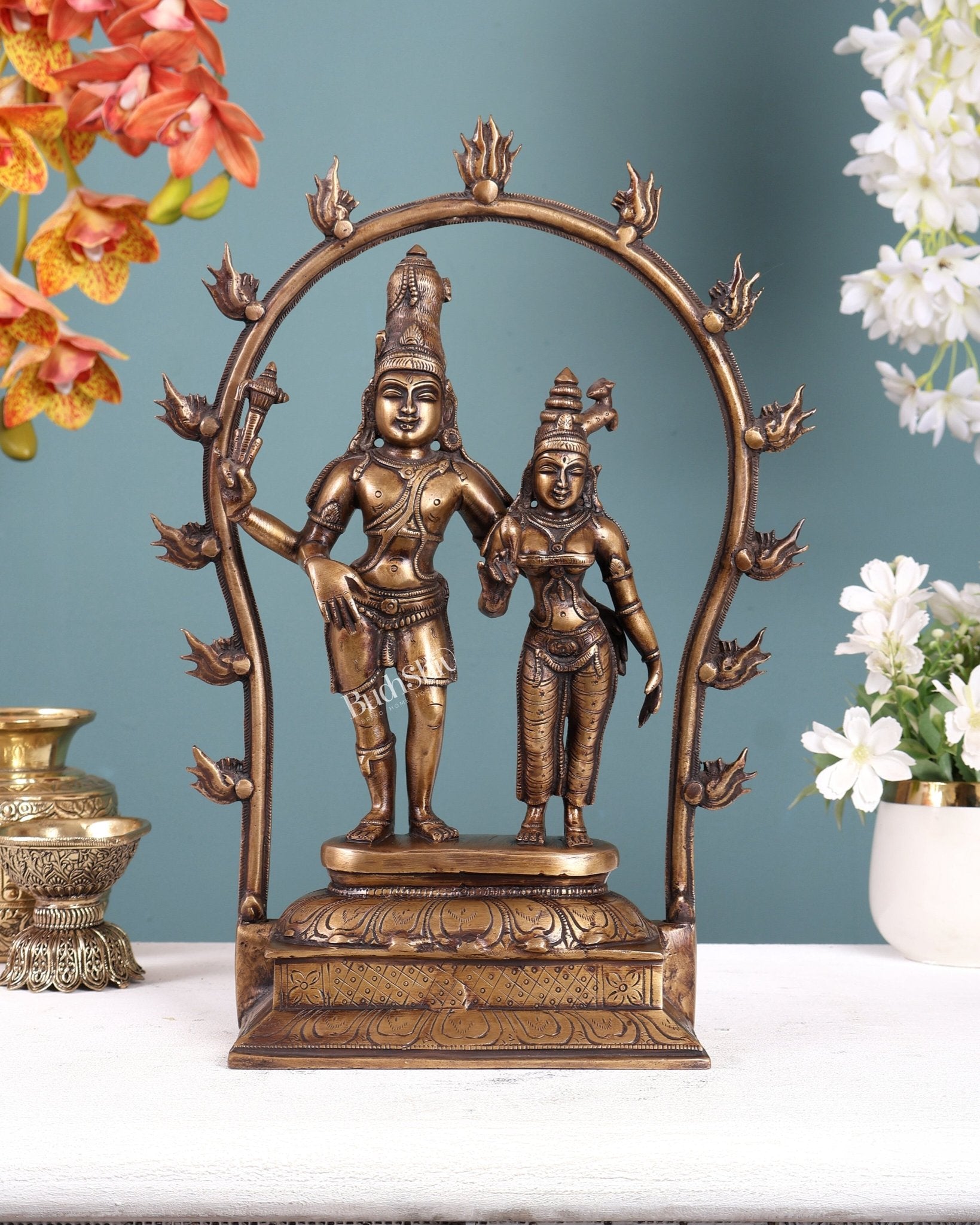 Pure Brass Shiv Parvati Idol standing Antique Chola Style - 14" Height - Budhshiv.com