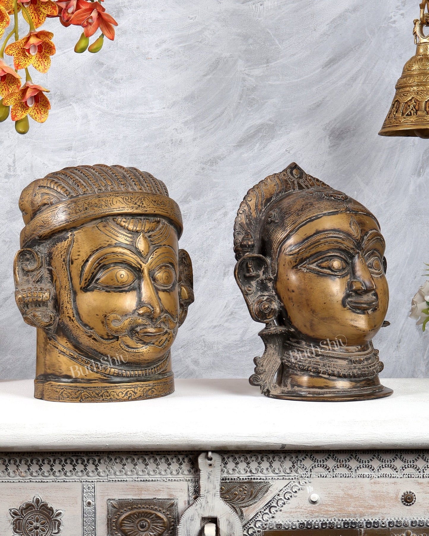 Pure Brass Shiva and Gauri Face Sculptures 12 inch Vintage patina - Budhshiv.com