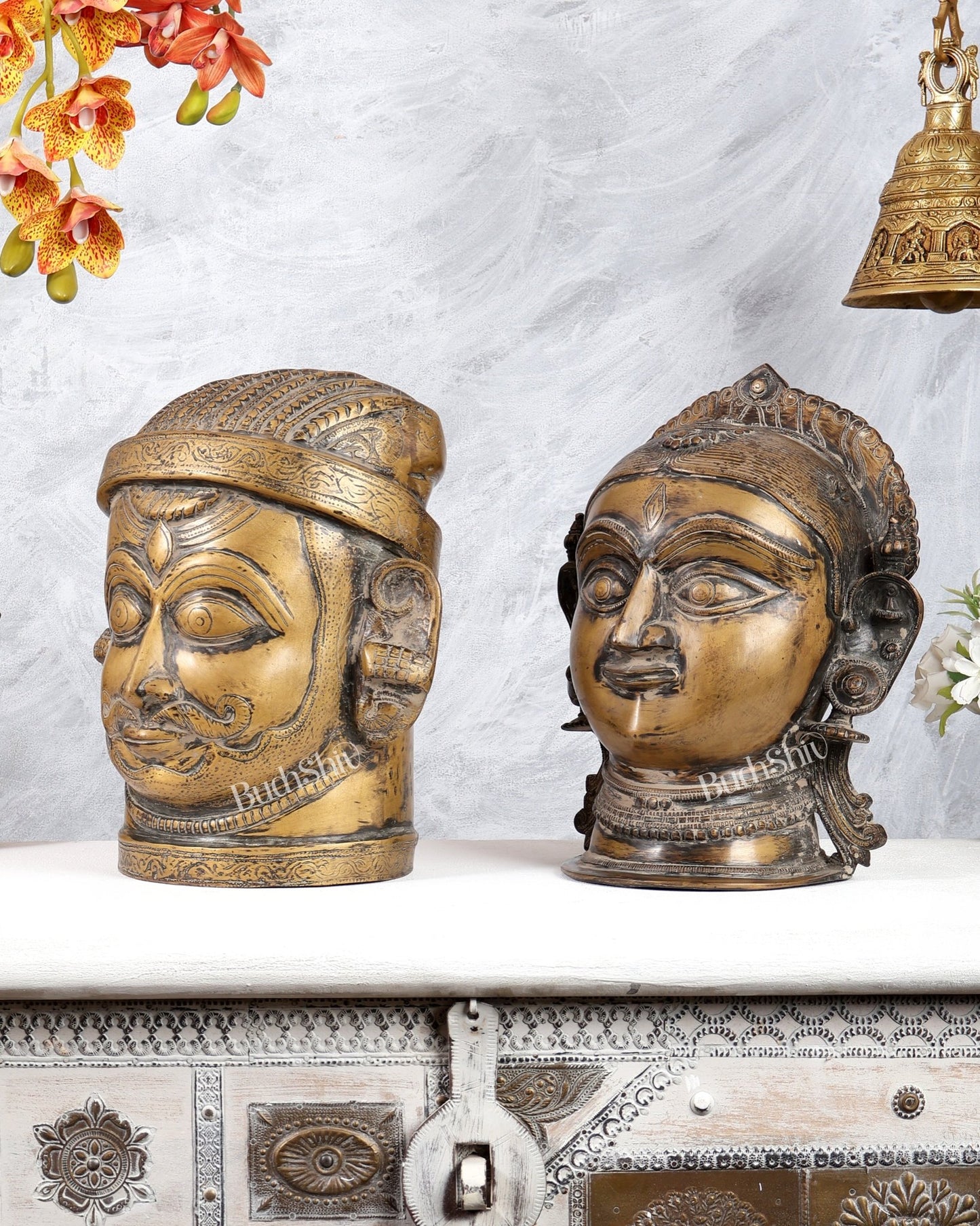 Pure Brass Shiva and Gauri Face Sculptures 12 inch Vintage patina - Budhshiv.com