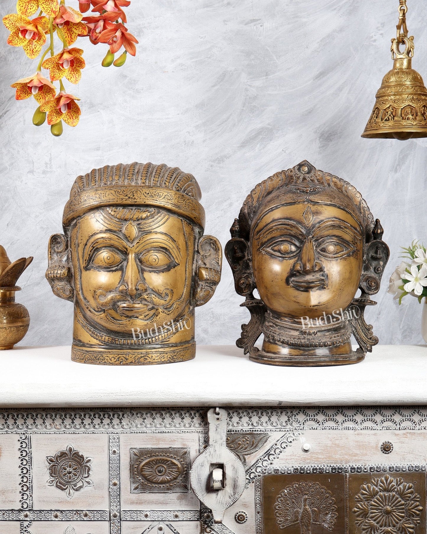 Pure Brass Shiva and Gauri Face Sculptures 12 inch Vintage patina - Budhshiv.com