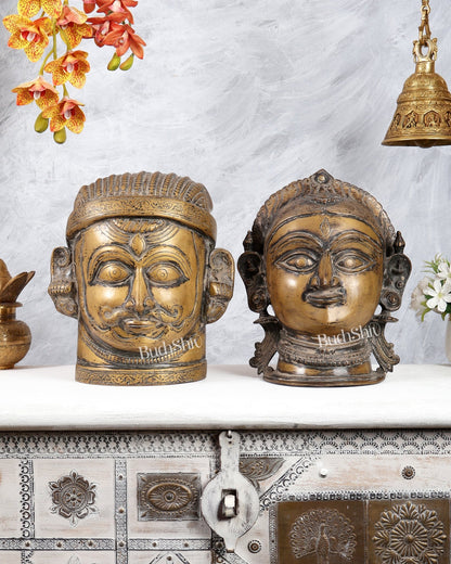 Pure Brass Shiva and Gauri Face Sculptures 12 inch Vintage patina - Budhshiv.com