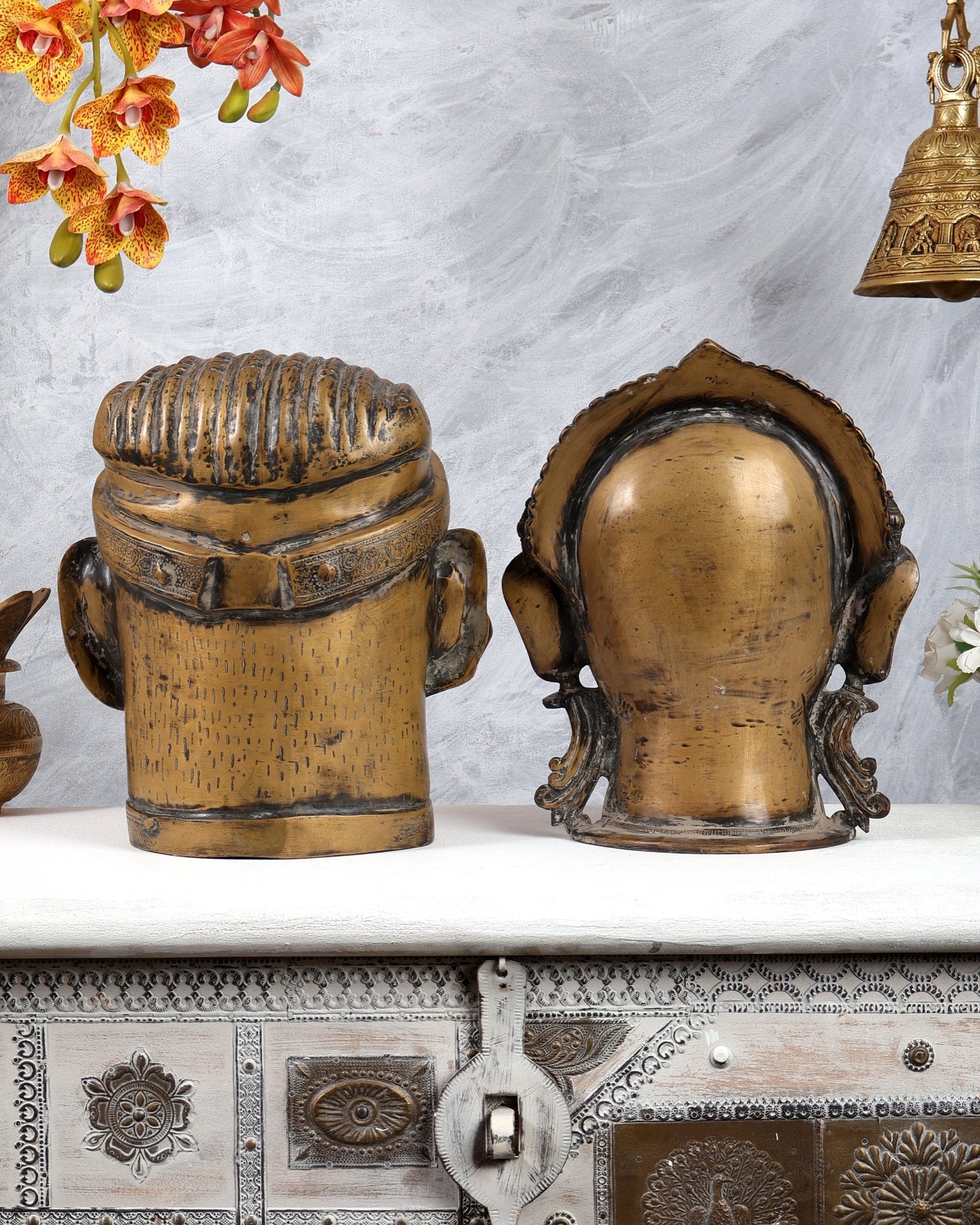 Pure Brass Shiva and Gauri Face Sculptures 12 inch Vintage patina - Budhshiv.com