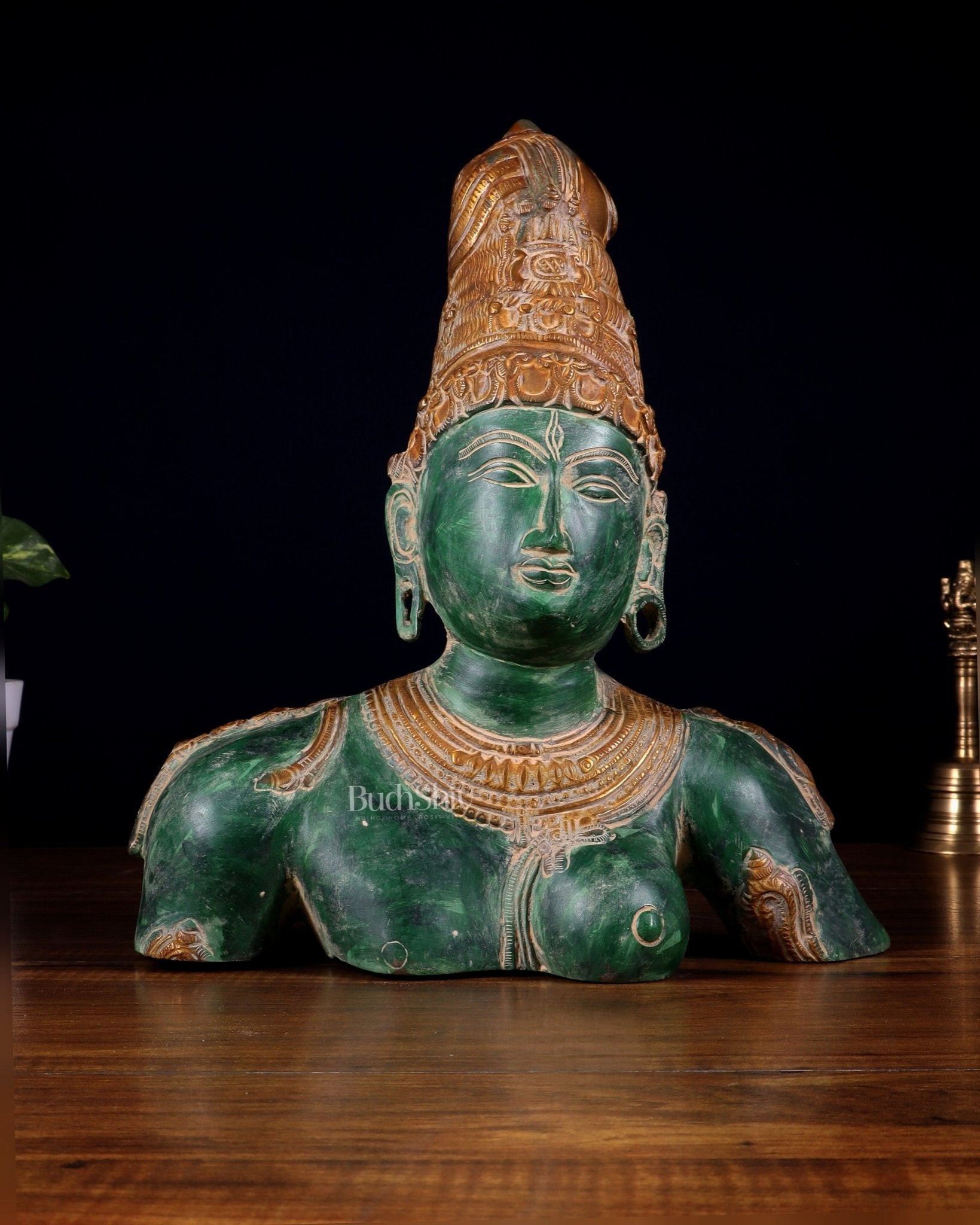 Pure Brass Shiva Parvati Ardhanarishwar Bust Sculpture – Vintage green patina 12.25 inch - Budhshiv.com