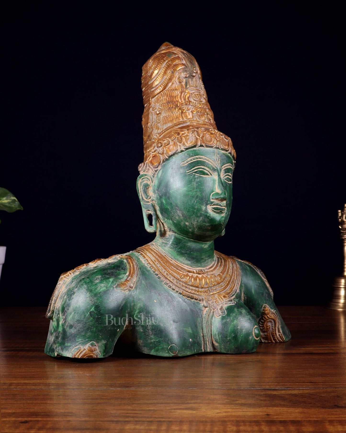 Pure Brass Shiva Parvati Ardhanarishwar Bust Sculpture – Vintage green patina 12.25 inch - Budhshiv.com