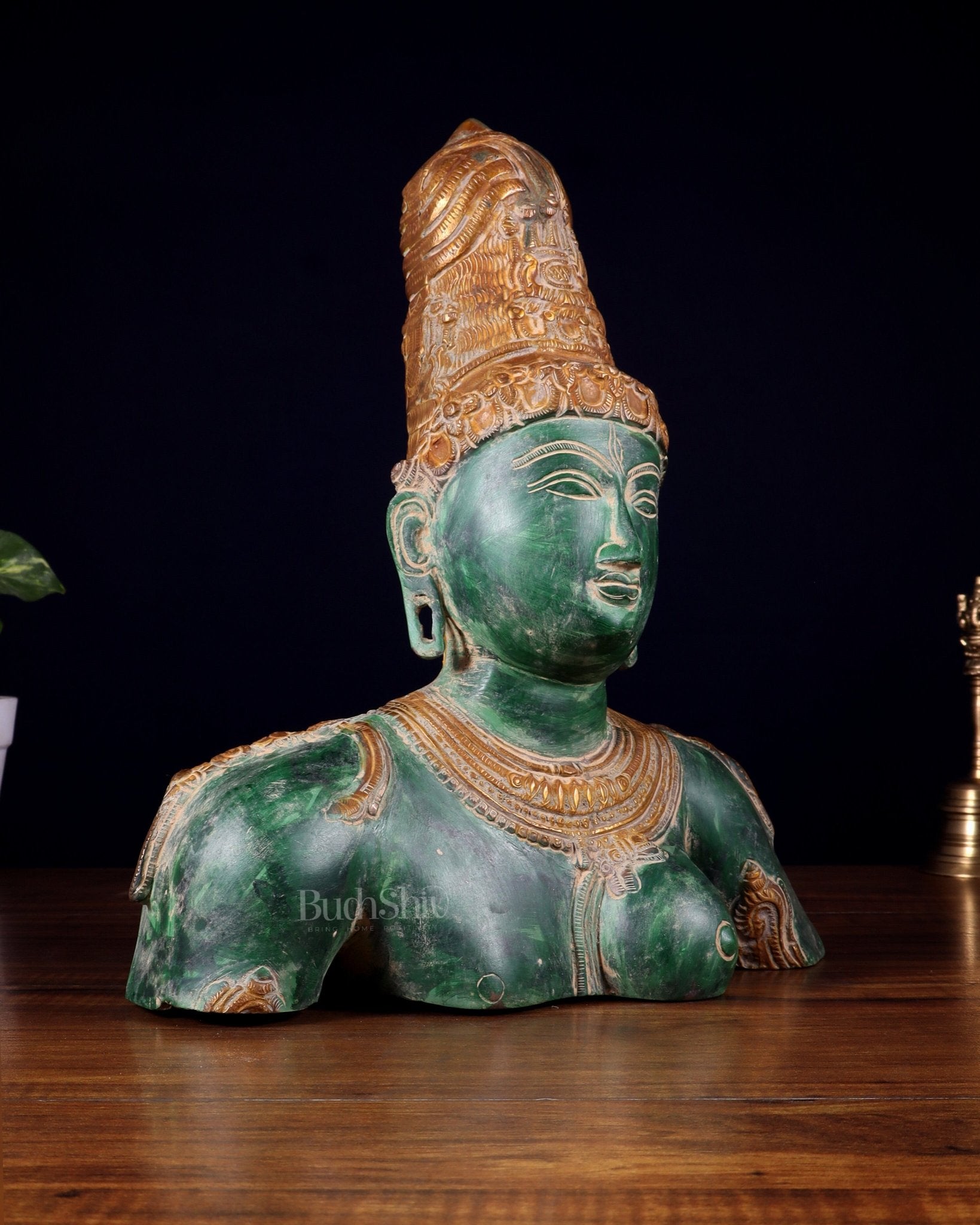 Pure Brass Shiva Parvati Ardhanarishwar Bust Sculpture – Vintage green patina 12.25 inch - Budhshiv.com