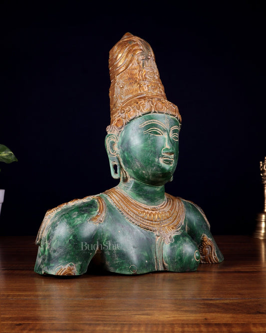 Pure Brass Shiva Parvati Ardhanarishwar Bust Sculpture – Vintage green patina 12.25 inch - Budhshiv.com