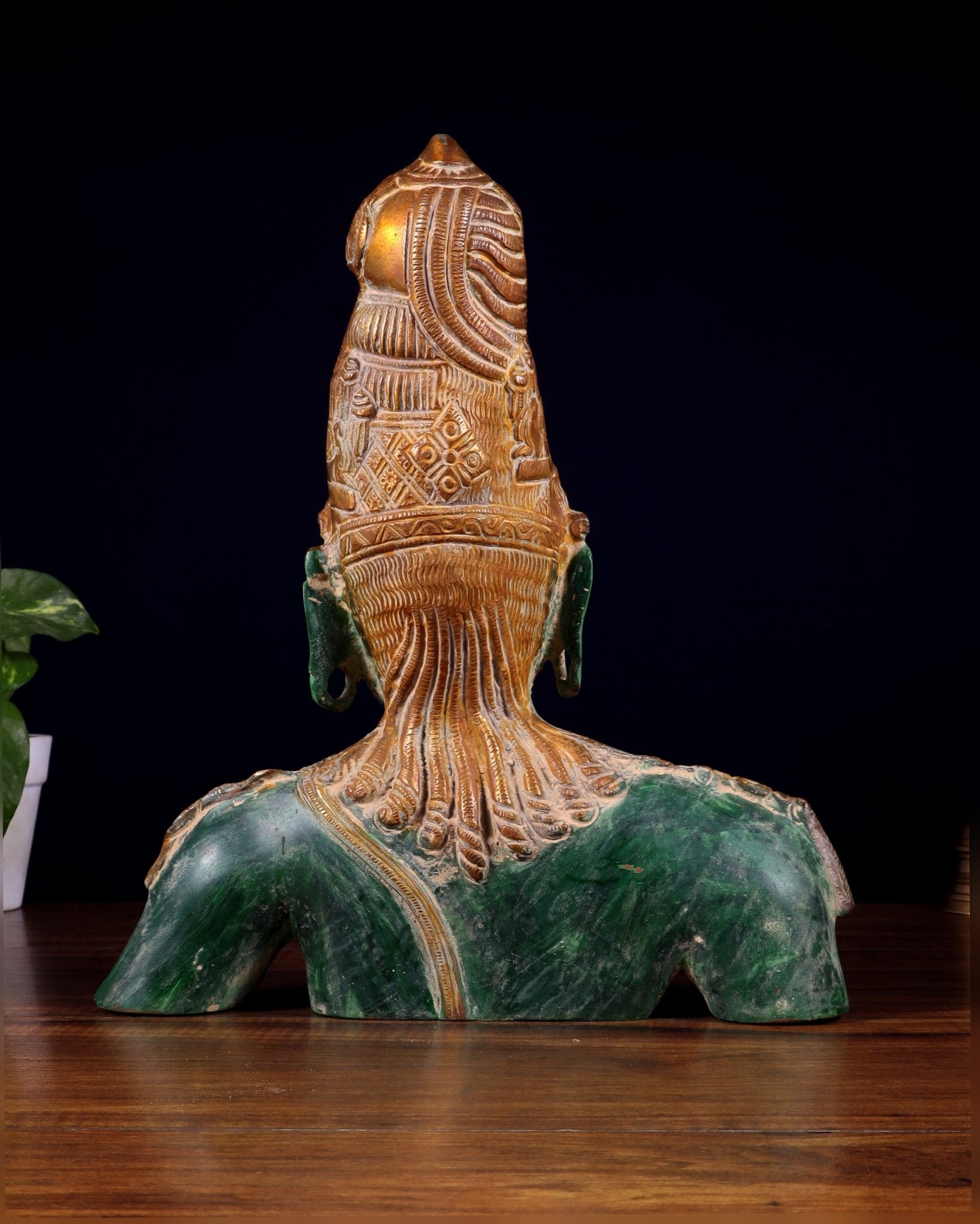 Pure Brass Shiva Parvati Ardhanarishwar Bust Sculpture – Vintage green patina 12.25 inch - Budhshiv.com