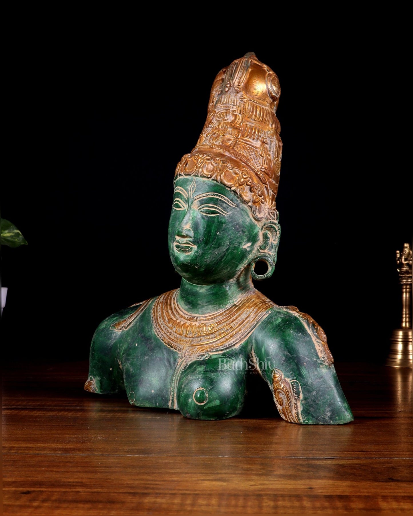 Pure Brass Shiva Parvati Ardhanarishwar Bust Sculpture – Vintage green patina 12.25 inch - Budhshiv.com