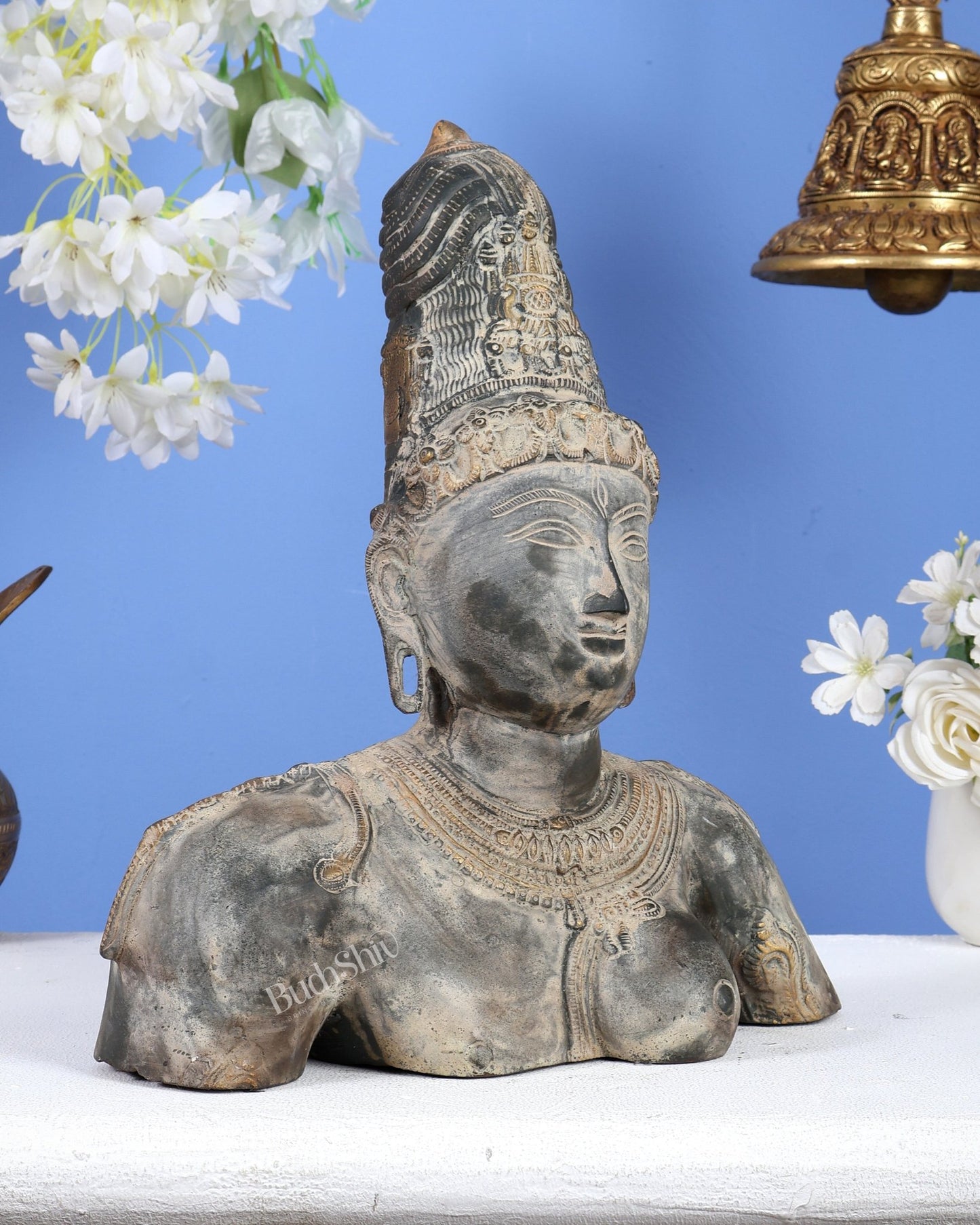 Pure Brass Shiva Parvati Ardhanarishwar Bust Sculpture – Vintage Stone Finish 12.25 inch - Budhshiv.com