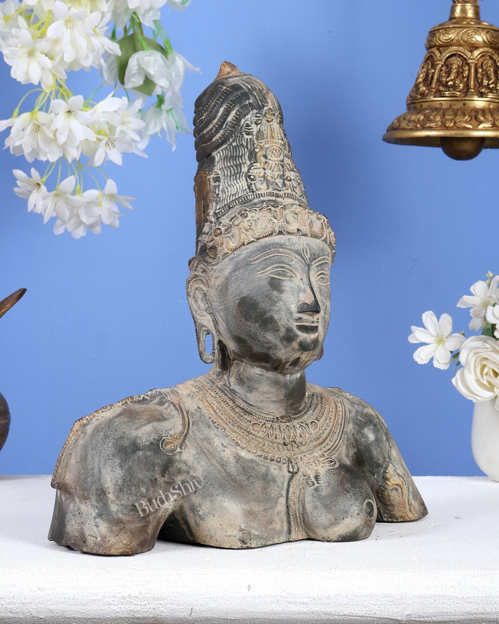 Pure Brass Shiva Parvati Ardhanarishwar Bust Sculpture – Vintage Stone Finish 12.25 inch - Budhshiv.com