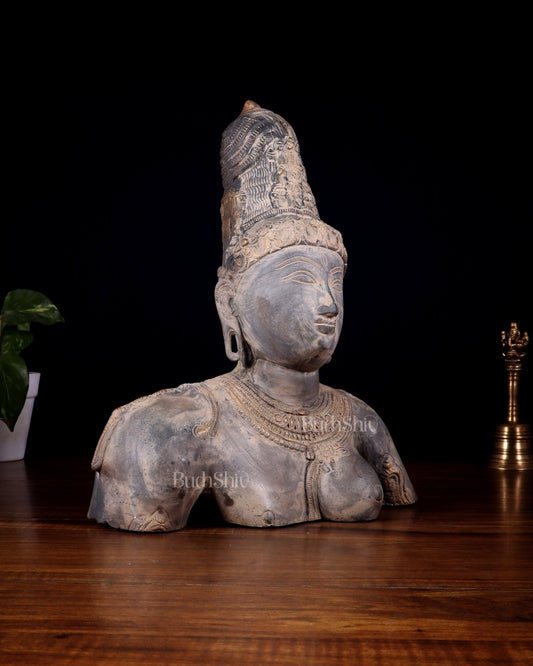 Pure Brass Shiva Parvati Ardhanarishwar Bust Sculpture – Vintage Stone Finish 12.25 inch - Budhshiv.com