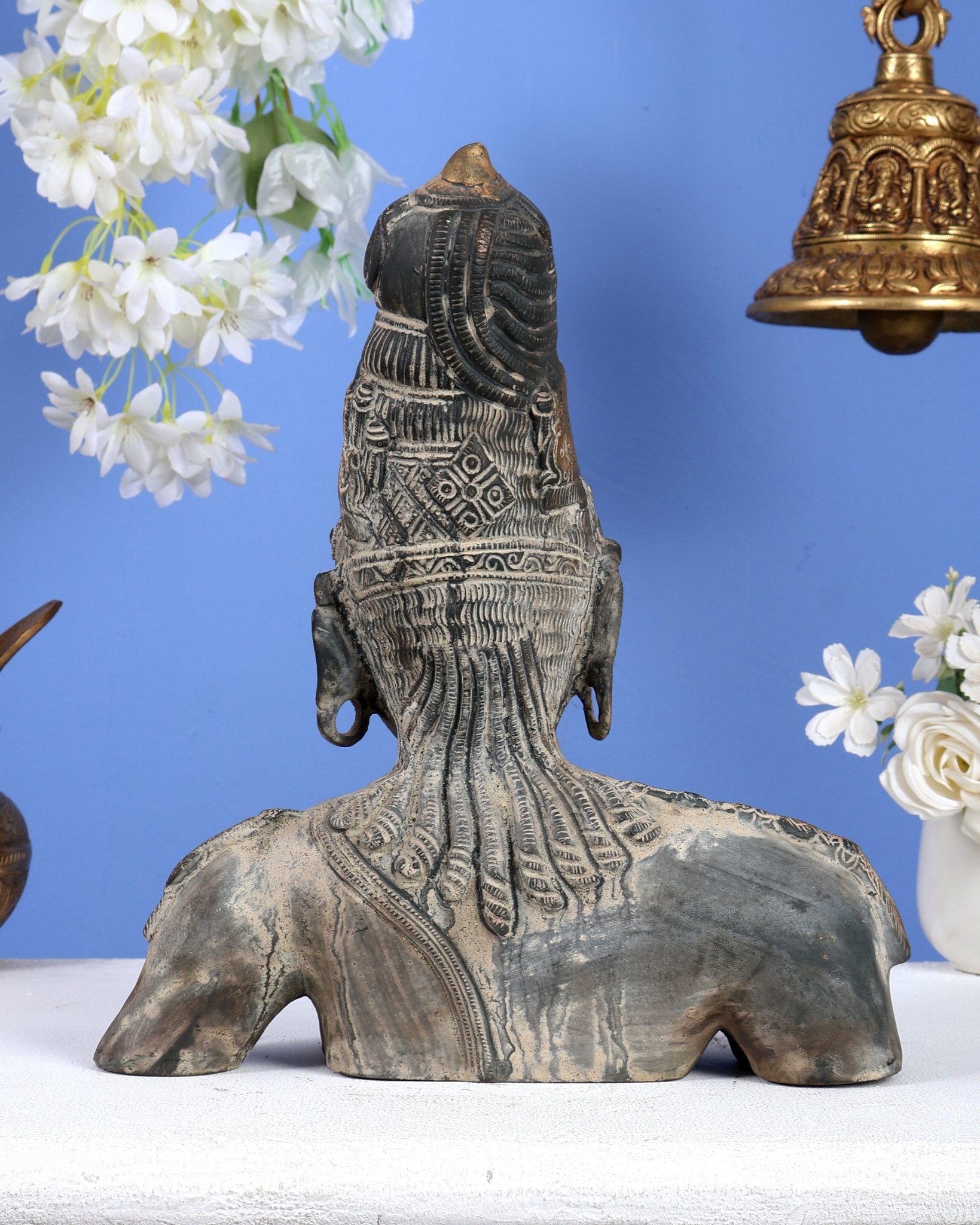 Pure Brass Shiva Parvati Ardhanarishwar Bust Sculpture – Vintage Stone Finish 12.25 inch - Budhshiv.com