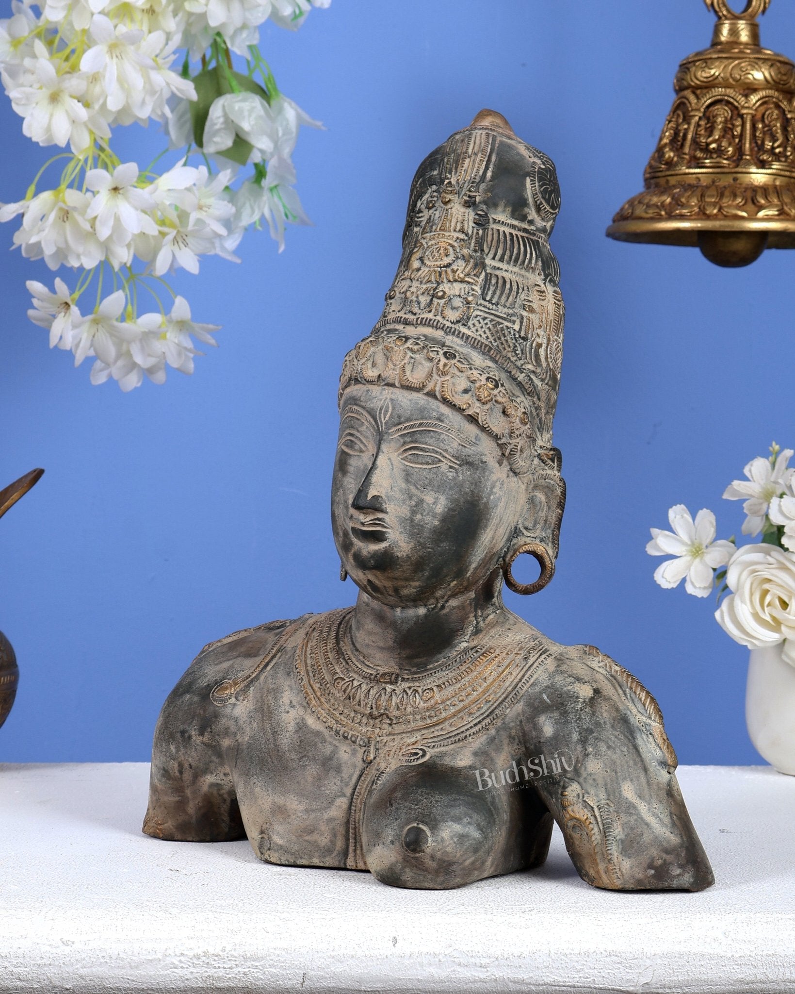 Pure Brass Shiva Parvati Ardhanarishwar Bust Sculpture – Vintage Stone Finish 12.25 inch - Budhshiv.com