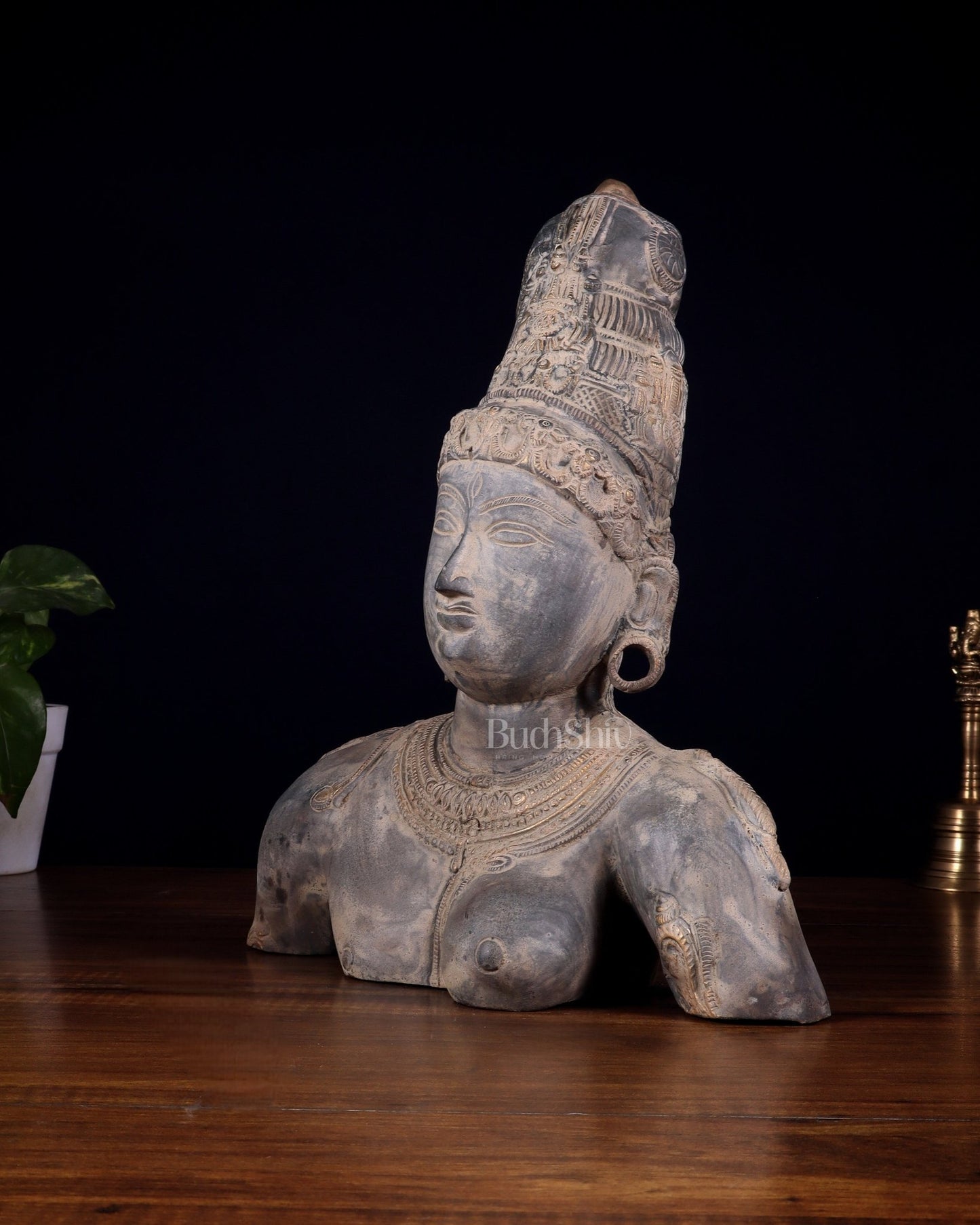 Pure Brass Shiva Parvati Ardhanarishwar Bust Sculpture – Vintage Stone Finish 12.25 inch - Budhshiv.com