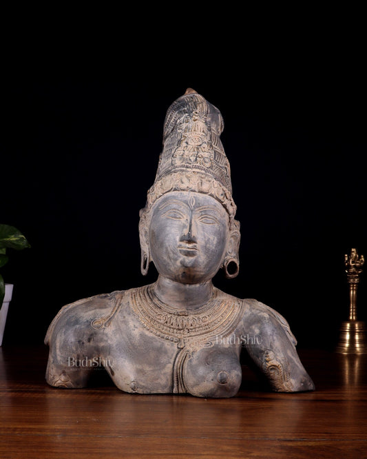 Pure Brass Shiva Parvati Ardhanarishwar Bust Sculpture – Vintage Stone Finish 12.25 inch - Budhshiv.com