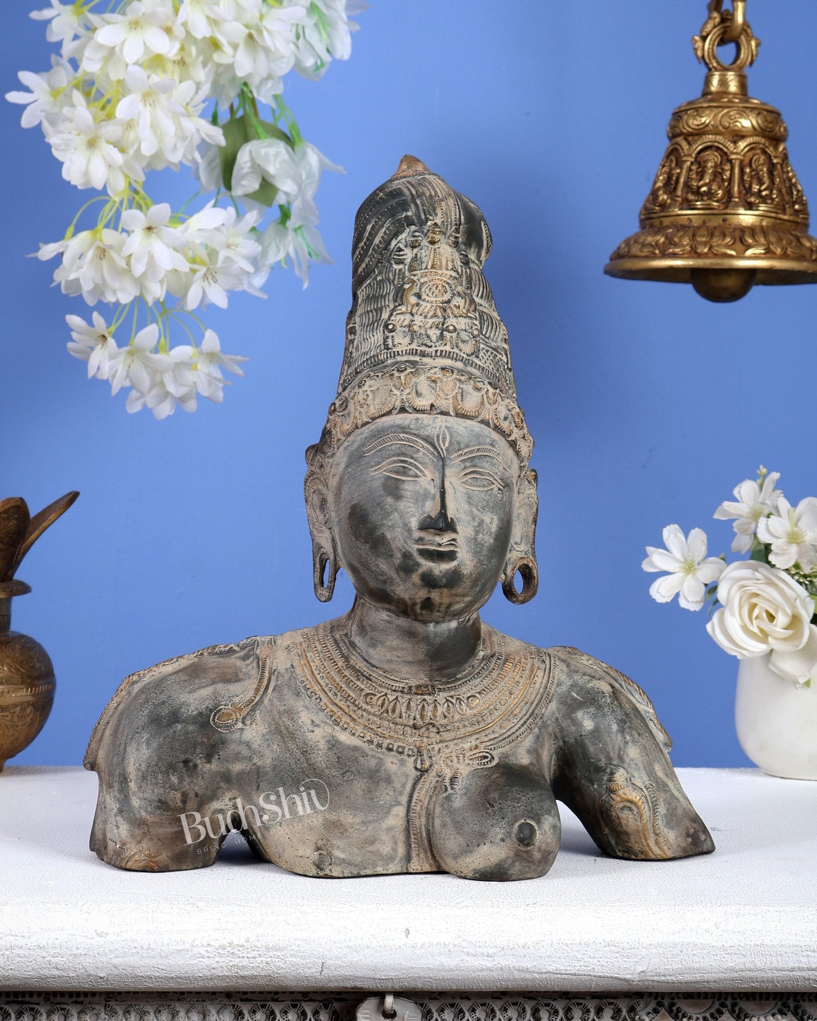 Pure Brass Shiva Parvati Ardhanarishwar Bust Sculpture – Vintage Stone Finish 12.25 inch - Budhshiv.com