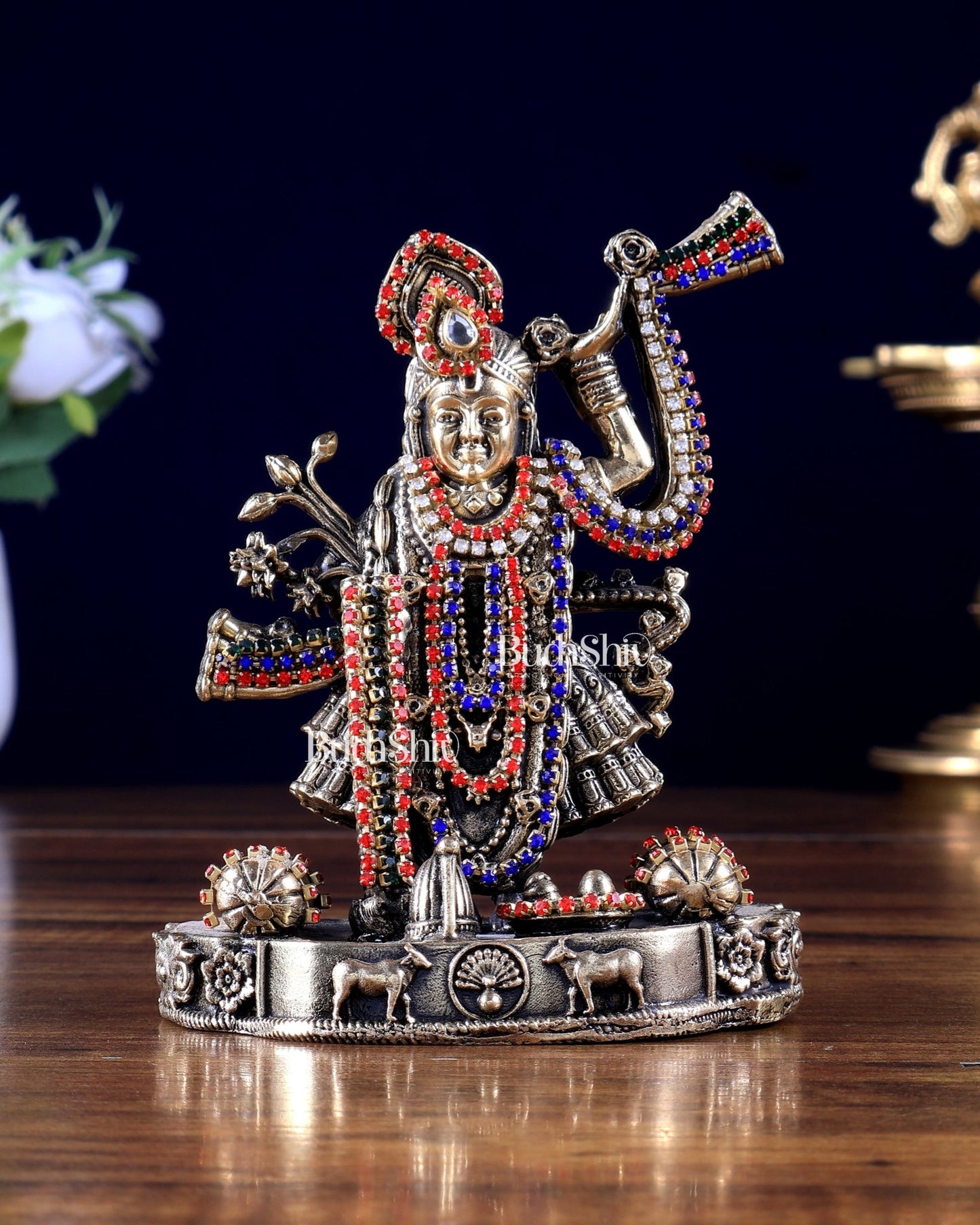 Pure Brass Shreenath Ji Idol 4"jewellery work - Budhshiv.com