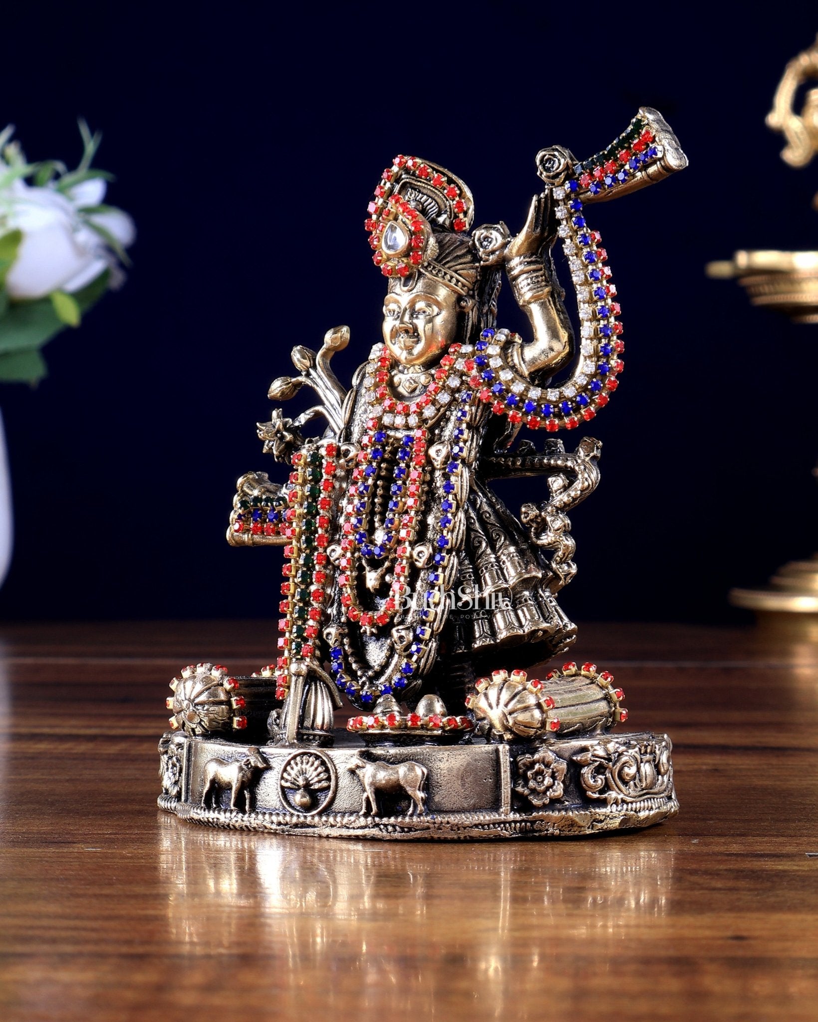 Pure Brass Shreenath Ji Idol 4"jewellery work - Budhshiv.com