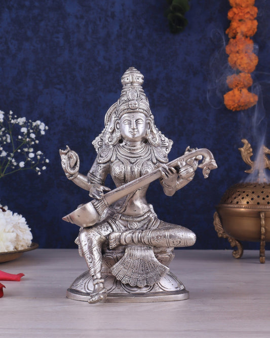 Pure Brass Silver - Plated Goddess Saraswati Idol 8" - Budhshiv.com