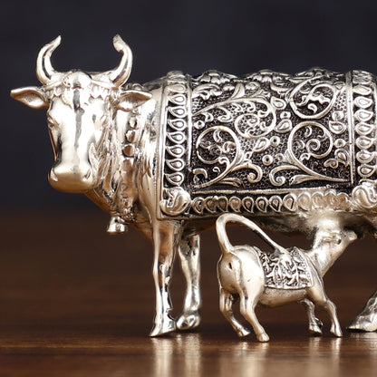 Pure Brass Silver Plated Kamdhenu Cow with Calf Idol - 3" - Budhshiv.com