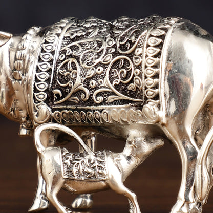Pure Brass Silver Plated Kamdhenu Cow with Calf Idol - 3" - Budhshiv.com