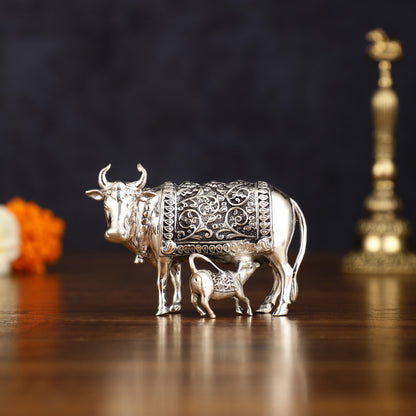 Pure Brass Silver Plated Kamdhenu Cow with Calf Idol - 3" - Budhshiv.com