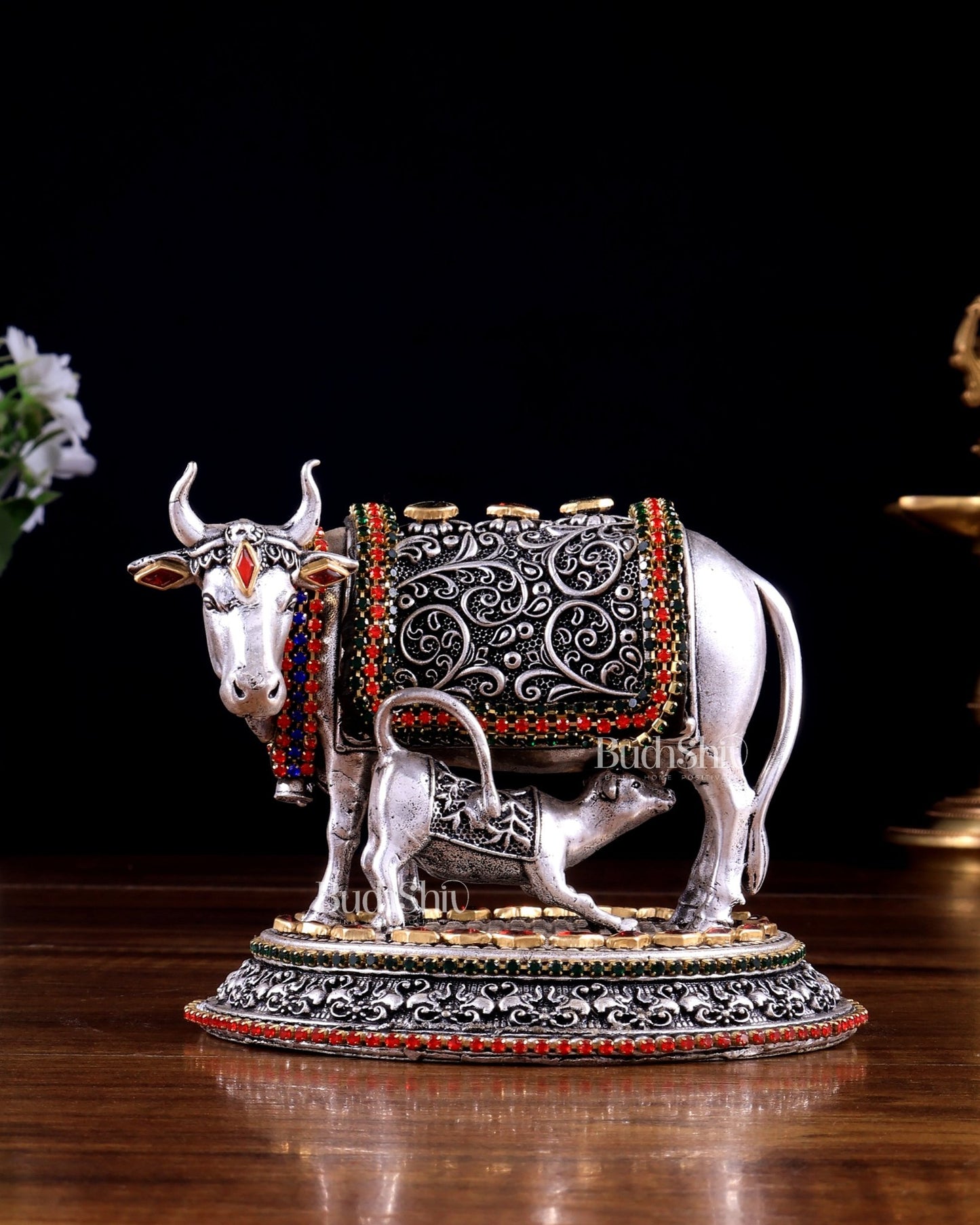 Pure Brass Silver Plated Kamdhenu Cow with Calf Idol - 4" Tall jewellers meenakari - Budhshiv.com