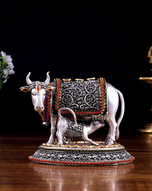 Pure Brass Silver Plated Kamdhenu Cow with Calf Idol - 4" Tall jewellers meenakari - Budhshiv.com