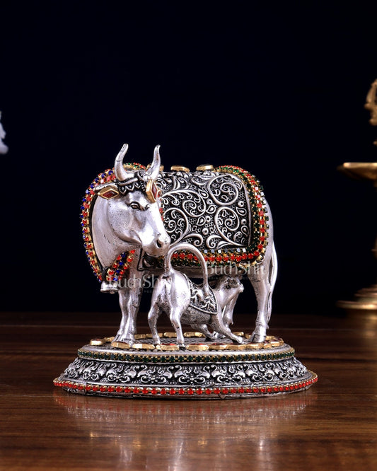 Pure Brass Silver Plated Kamdhenu Cow with Calf Idol - 4" Tall jewellers meenakari - Budhshiv.com