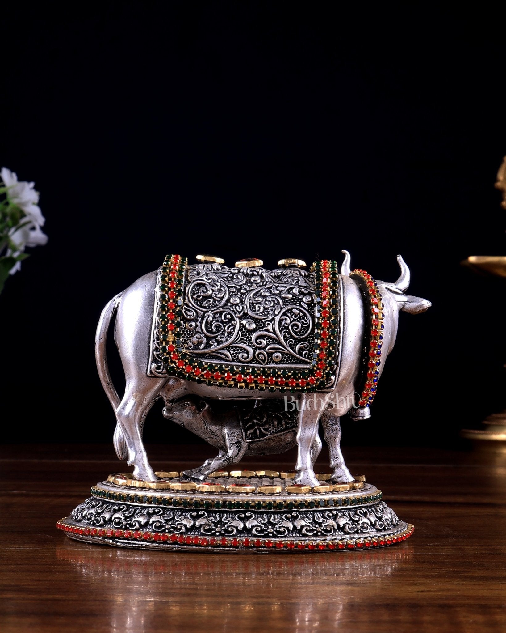 Pure Brass Silver Plated Kamdhenu Cow with Calf Idol - 4" Tall jewellers meenakari - Budhshiv.com