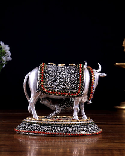 Pure Brass Silver Plated Kamdhenu Cow with Calf Idol - 4" Tall jewellers meenakari - Budhshiv.com