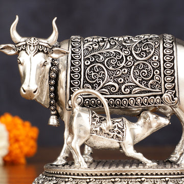 Pure Brass Silver Plated Kamdhenu Cow with Calf Idol - 4" Tall - Budhshiv.com