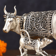 Pure Brass Silver Plated Kamdhenu Cow with Calf Idol - 4" Tall - Budhshiv.com