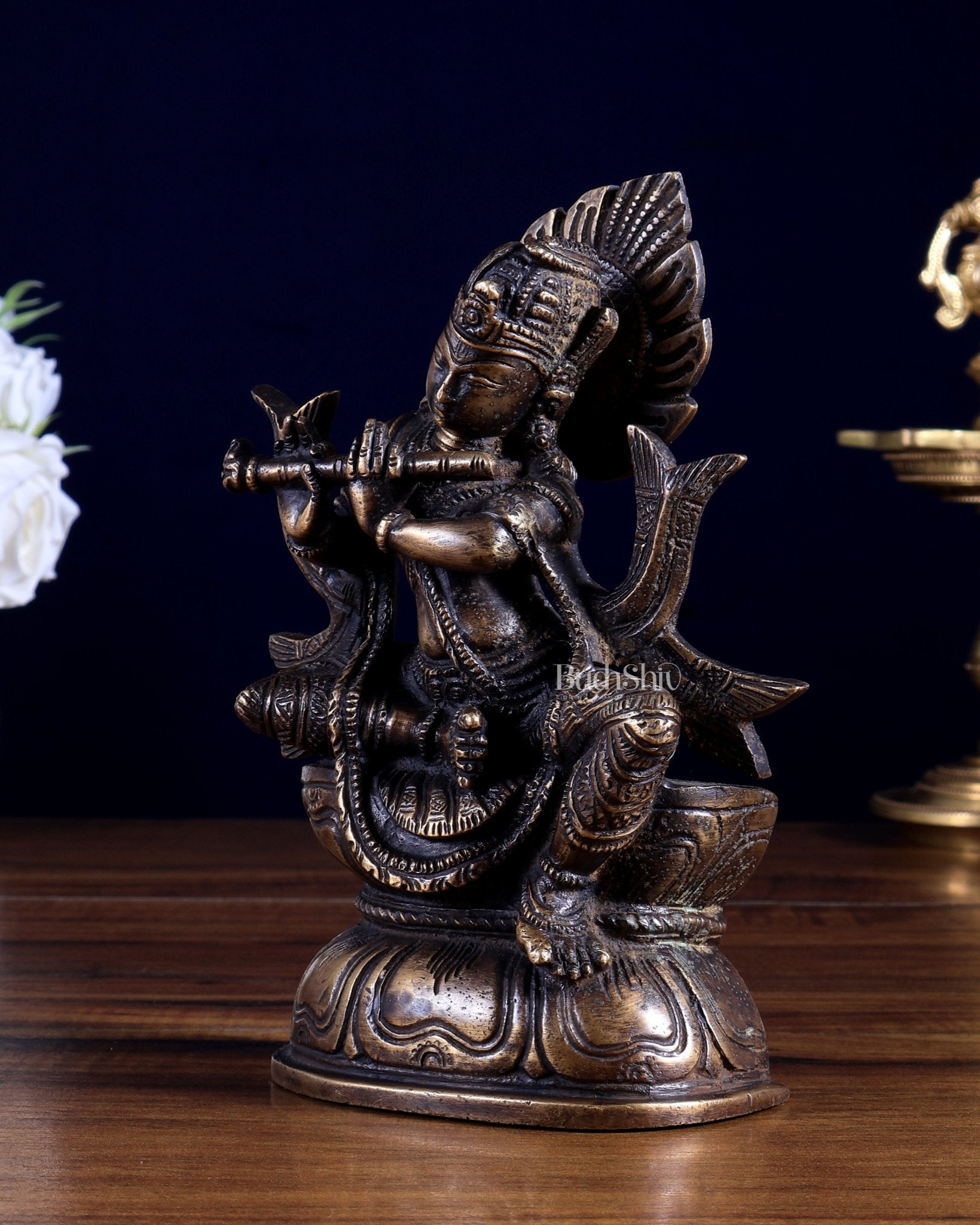 Pure Brass Sitting Lord Krishna Idol 6.5 inch - Budhshiv.com