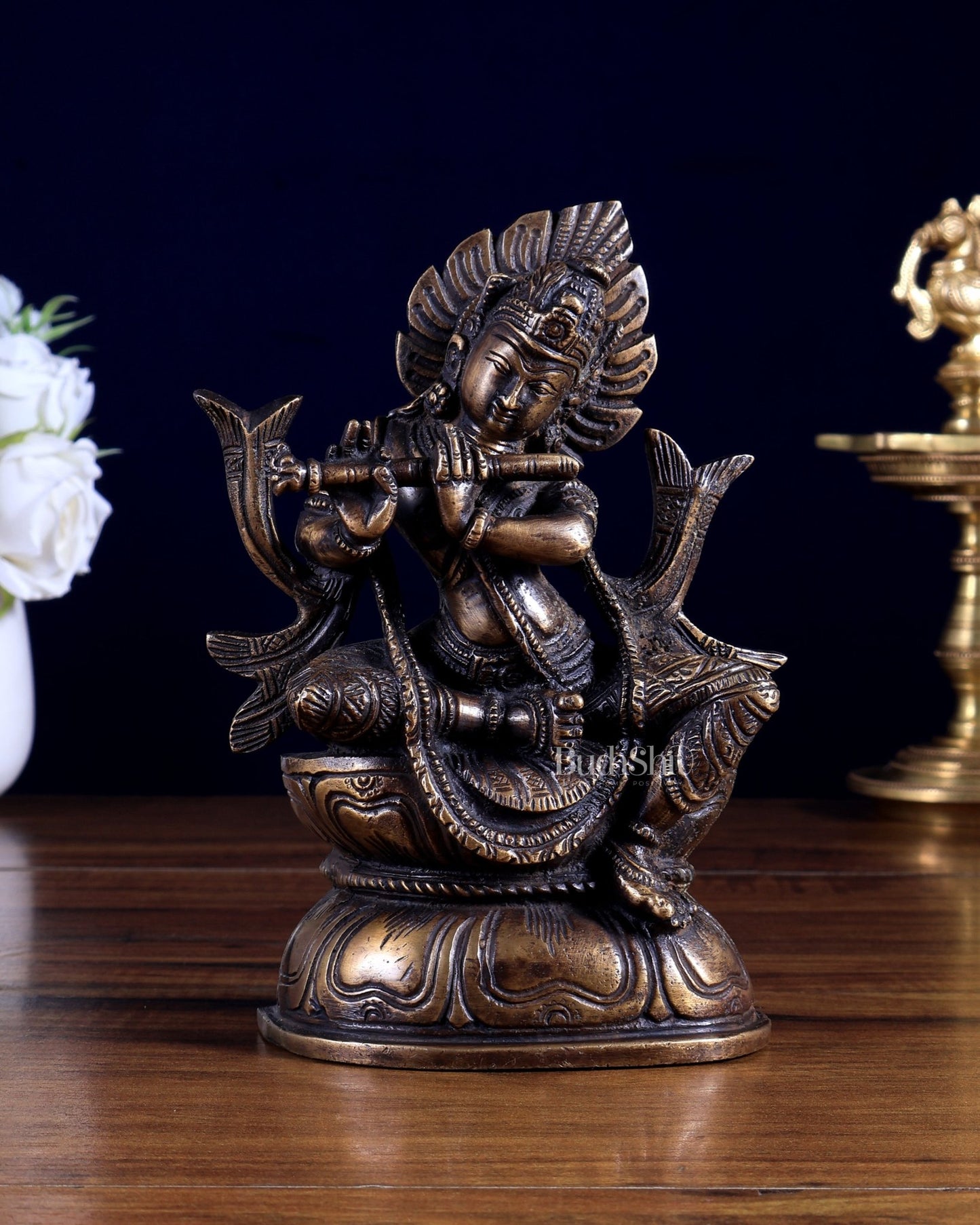 Pure Brass Sitting Lord Krishna Idol 6.5 inch - Budhshiv.com