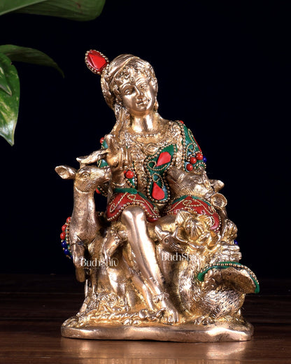 Pure Brass Sitting Lord Krishna Idol with Meenakari Stonework – Forest Scene 6 inch - Budhshiv.com