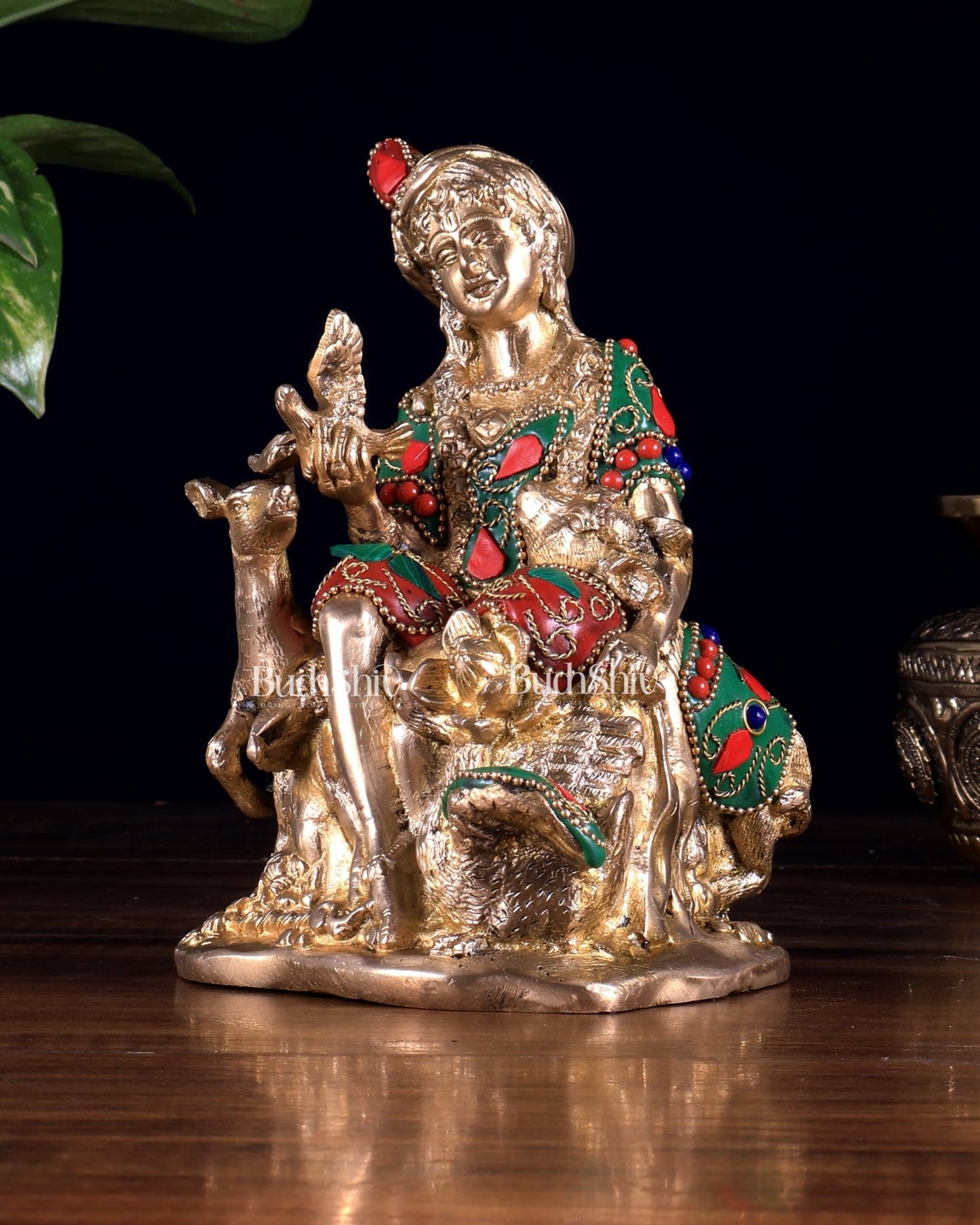 Pure Brass Sitting Lord Krishna Idol with Meenakari Stonework – Forest Scene 6 inch - Budhshiv.com