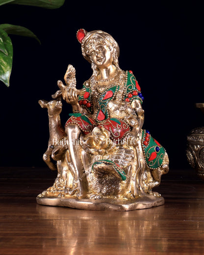 Pure Brass Sitting Lord Krishna Idol with Meenakari Stonework – Forest Scene 6 inch - Budhshiv.com