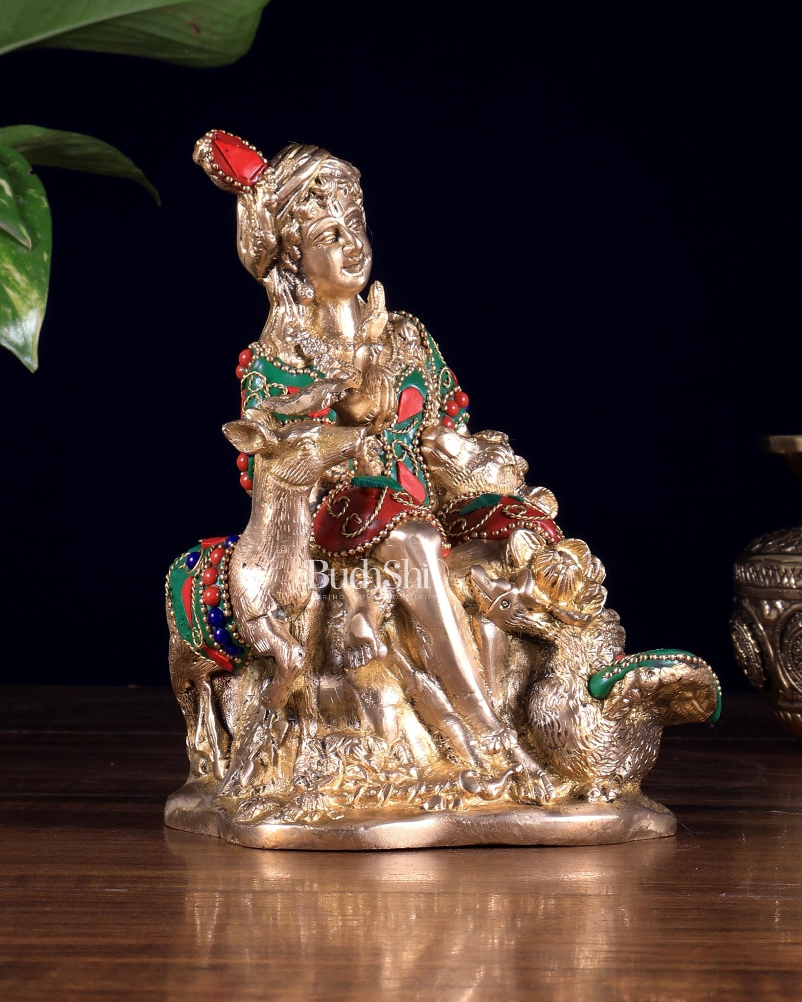 Pure Brass Sitting Lord Krishna Idol with Meenakari Stonework – Forest Scene 6 inch - Budhshiv.com