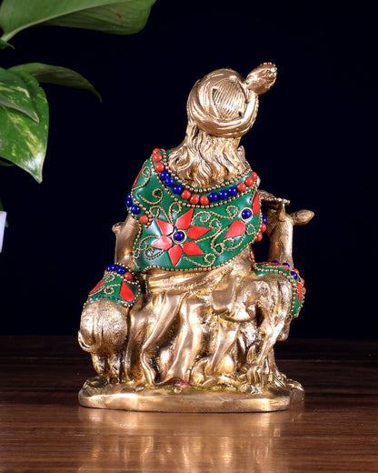 Pure Brass Sitting Lord Krishna Idol with Meenakari Stonework – Forest Scene 6 inch - Budhshiv.com
