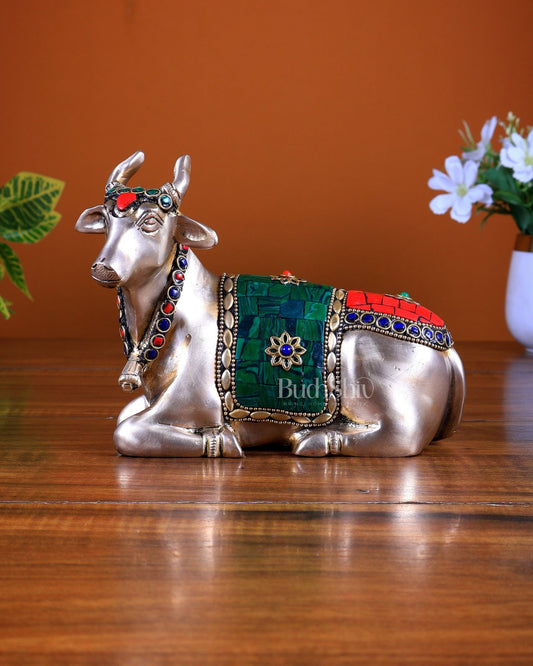 Pure Brass Sitting nandi Idol | 5.5" stonework - Budhshiv.com