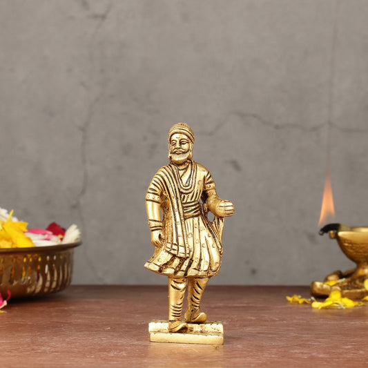 Pure Brass Small Chatrapati Shivaji Maharaj Standing Idol - 4" - Budhshiv.com
