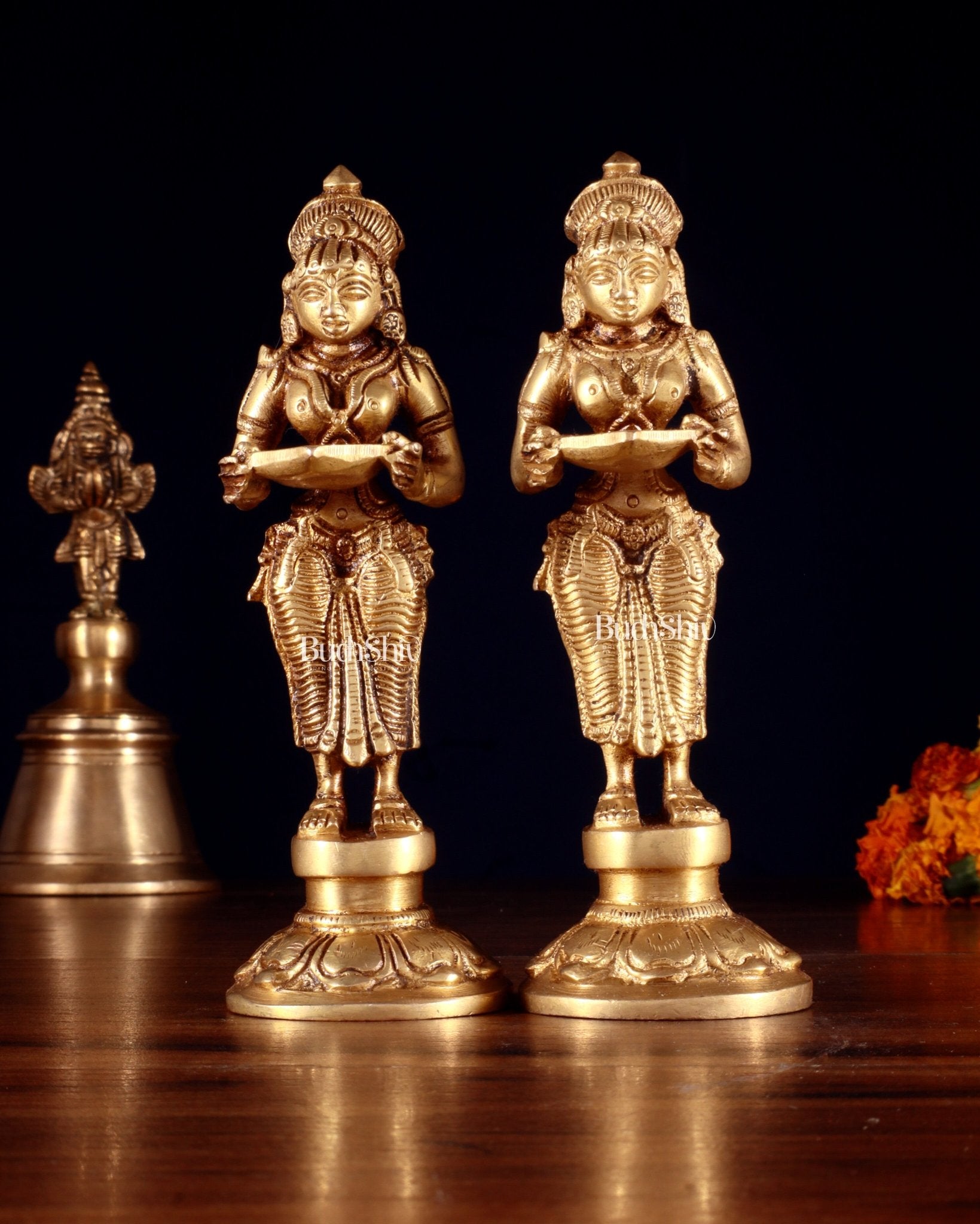 Pure Brass Small Deep Lady Pavai Vilakku Pair 4.5" - Budhshiv.com