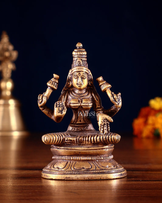 Pure Brass Small Goddess Lakshmi Idol | 3.5 Inch Antique tone - Budhshiv.com