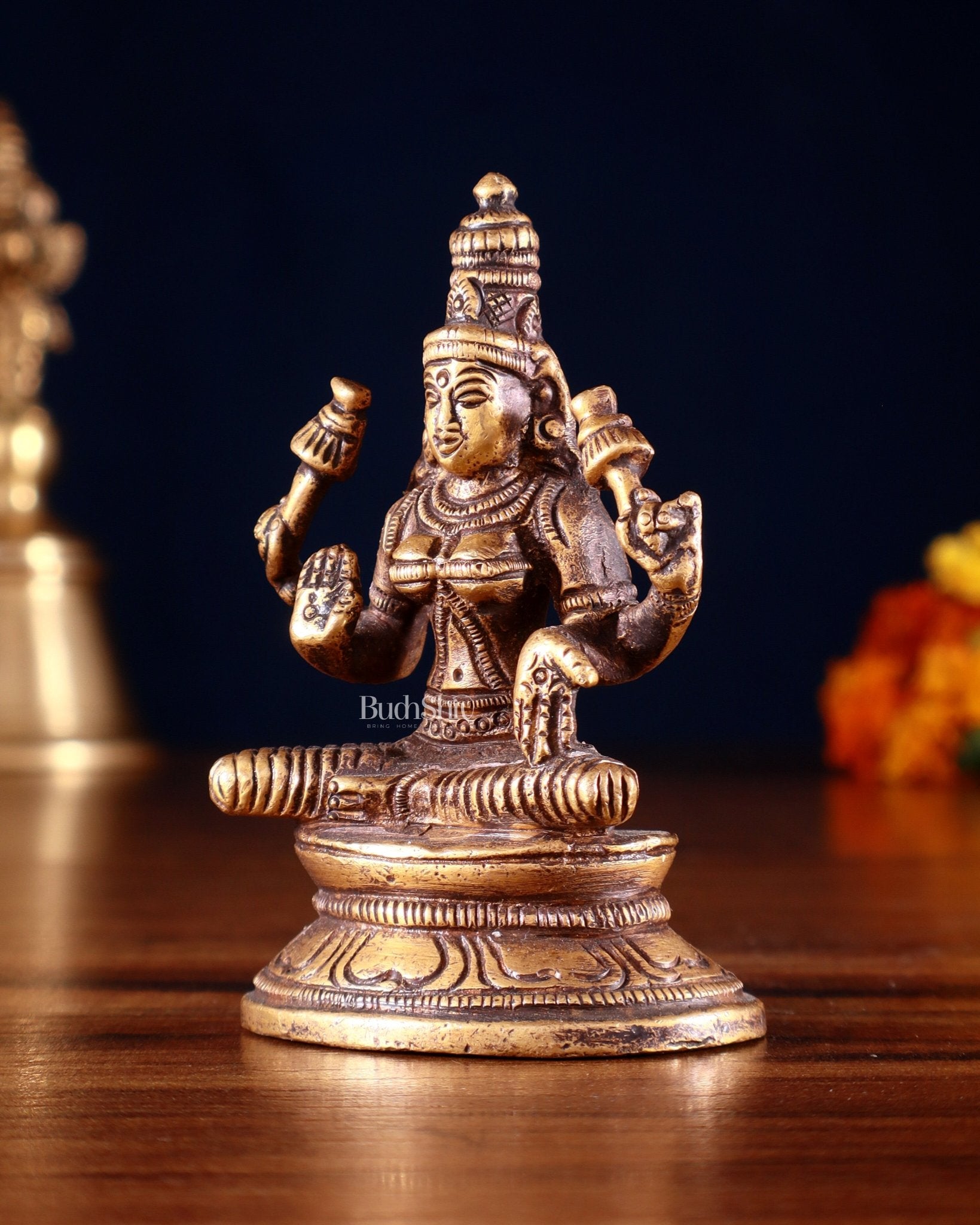 Pure Brass Small Goddess Lakshmi Idol | 3.5 Inch Antique tone - Budhshiv.com