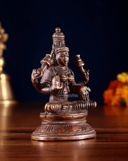 Pure Brass Small Goddess Lakshmi Idol | 3.5 Inch Dark antique - Budhshiv.com