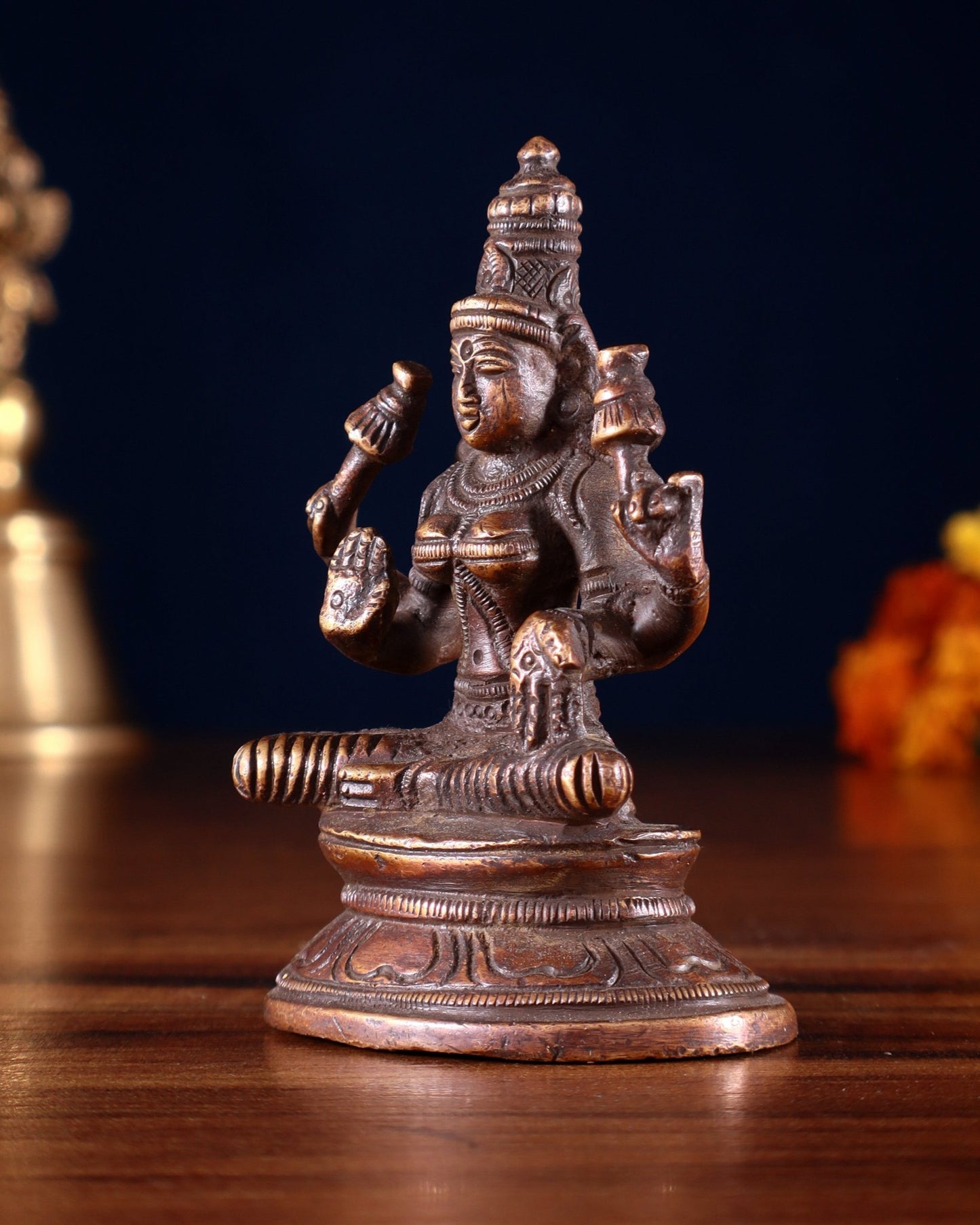 Pure Brass Small Goddess Lakshmi Idol | 3.5 Inch Dark antique - Budhshiv.com